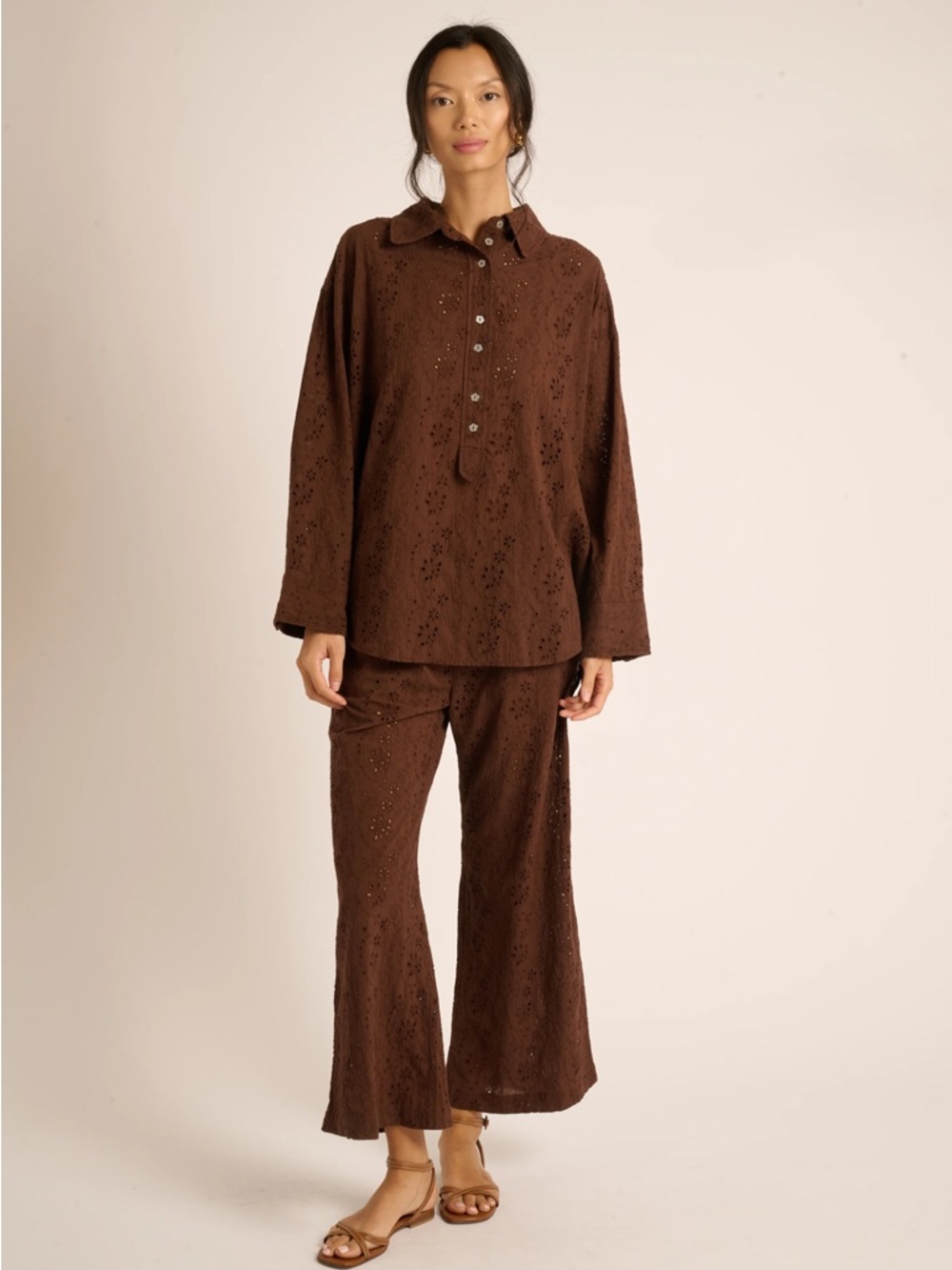 La Maregold Brown Eyelet Two-Piece Top and Pants Set